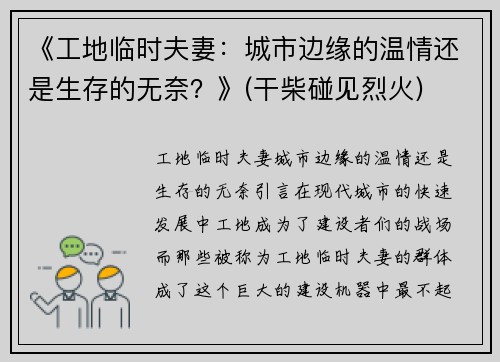 《工地临时夫妻：城市边缘的温情还是生存的无奈？》(干柴碰见烈火)